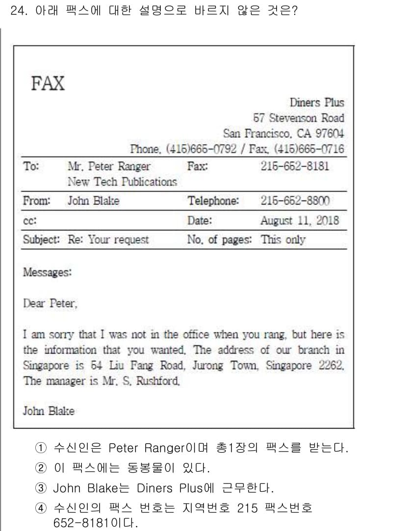 비서_3급 2018년 24번 - 3번 "John Blake’s Diner Plus에 근무한다."는 잘못된... 에 관한 핵심 기출문제