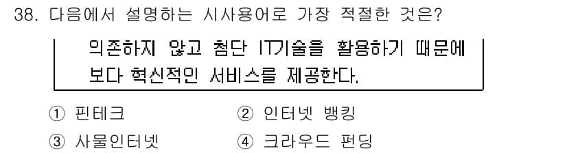 비서_2급 2015년 38번 - .  

핵심 해설: 핀테크는 전통 금융 서비스보다 IT 기술을 활용하여... 에 관한 핵심 기출문제