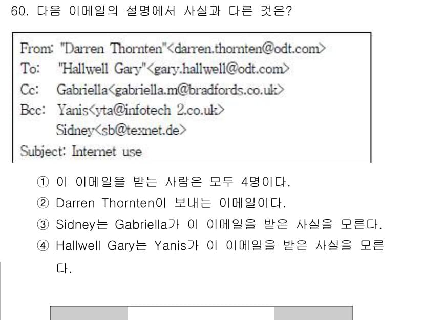 비서_2급 2016년 60번 - 이메일 수신인 목록을 보면 Sidney는 Gabriella의 이메일을 받... 에 관한 핵심 기출문제