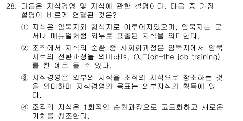 비서_2급 2018년 28번 - 이유: 지식의 순환은 지식을 외부로부터 습득하여 활용하는 과정으로, 이를... 에 관한 핵심 기출문제