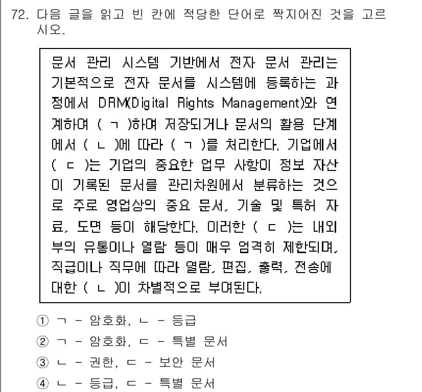 비서_2급 2018년 71번 - 정답 3번은 DRM(Digital Rights Management)과 관... 에 관한 핵심 기출문제
