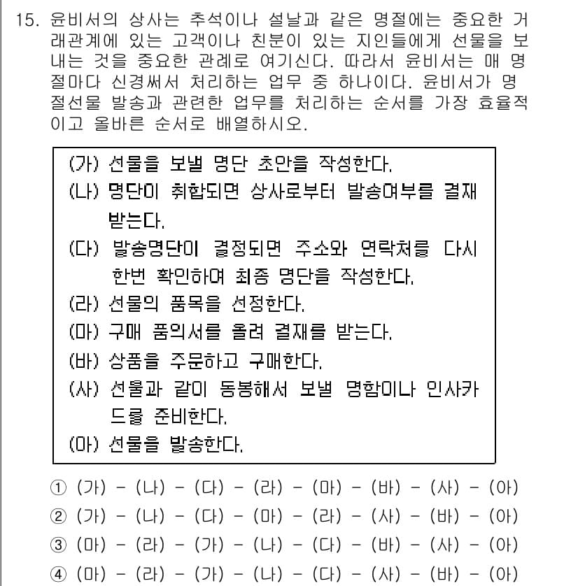 비서_1급 2015년 15번 - 핵심 해설: 상점에서 선물을 고를 때 발송 방법과 관련하여 정확히 기재하... 에 관한 핵심 기출문제