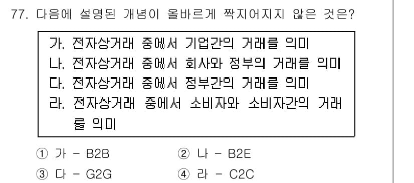 비서_1급 2015년 77번 - 정답은 2번 '나 - B2E' 입니다. B2E(Business to Em... 에 관한 핵심 기출문제