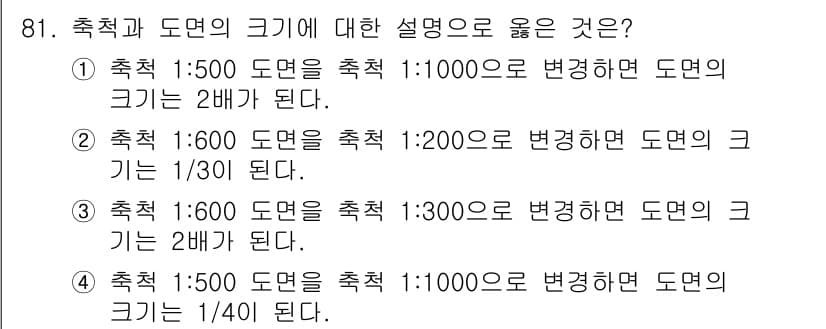 측량및지형공간정보기사 2019년 81번 - 축척이 변경될 때 도면의 크기는 축척 비율에 역비례하여 변동합니다. 따라... 에 관한 핵심 기출문제