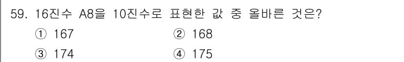 PC정비사_1급 2019년 59번 - 16진수 A8을 10진수로 변환하면, A는 10으로 해석되어 10×16^... 에 관한 핵심 기출문제