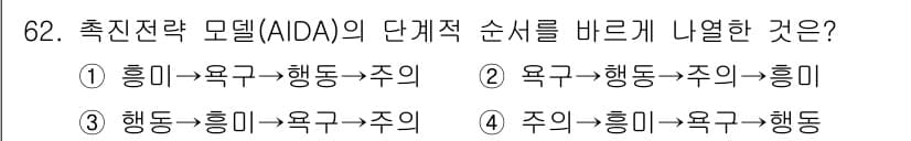 스포츠경영관리사 2019년 62번 - . AIDA 모델은 주의(Attention)→흥미(Interest)→욕구... 에 관한 핵심 기출문제