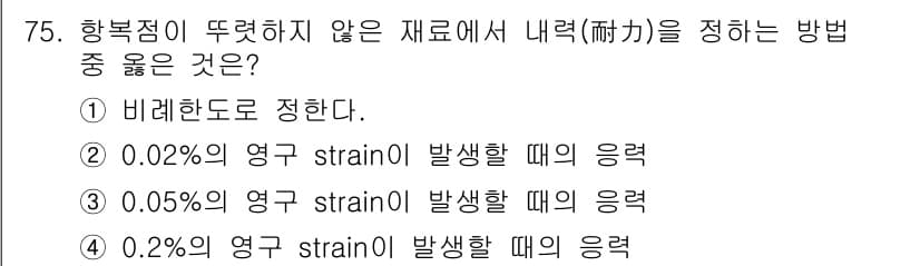 금속재료기사 2018년 75번 - 내력(耐力)을 정하는 방법은 재료의 영구변형 없이 인장하였을 때의 응력을... 에 관한 핵심 기출문제