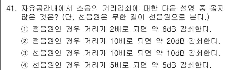소음진동산업기사 2019년 41번 - 소음의 거리 감소는 거리의 제곱에 반비례합니다. 따라서, 거리인 2배 증... 에 관한 핵심 기출문제