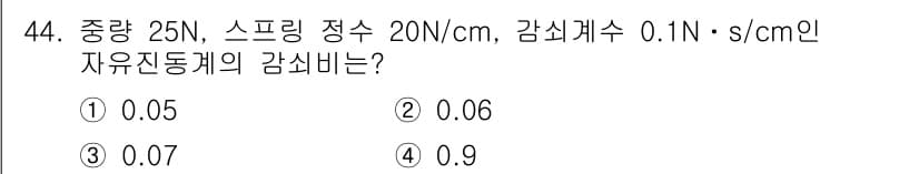 소음진동산업기사 2019년 44번 - 자유진동계의 감쇠비는 감쇠계수와 자연주기에 따라 결정됩니다. 진동 질량을... 에 관한 핵심 기출문제