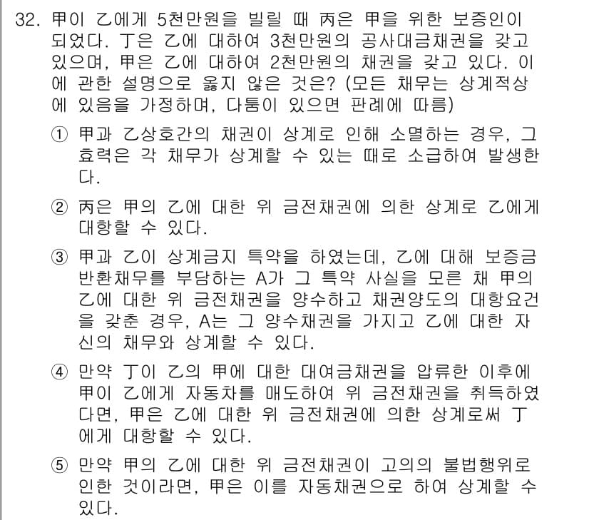 변리사_1차(2교시) 2018년 32번 - 정답 4번은 채무자가 5천만 원을 빌릴 때, 제3자에게 보증인을 요구한 ... 에 관한 핵심 기출문제