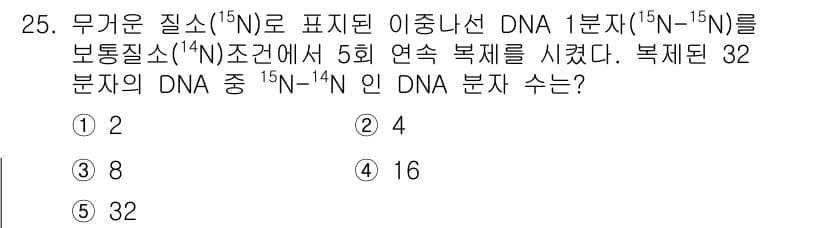 변리사_1차(3교시) 2015년 25번 - DNA 복제를 5회 진행하면, 각 복제 시에 DNA 분자는 2배가 됩니다... 에 관한 핵심 기출문제