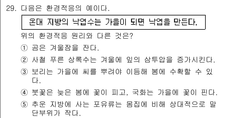 변리사_1차(3교시) 2015년 29번 - 정답인 4번은 '추운 지방'에서 '몸체'에 적적으로 영향을 미친다는 점에... 에 관한 핵심 기출문제