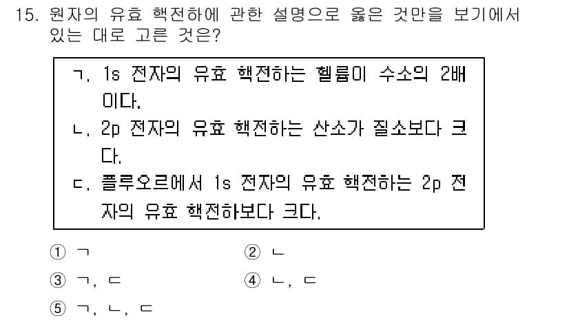 변리사_1차(3교시) 2017년 16번 - 1s 전자의 유효 핵심은 헬륨의 수소보다 크며, 2p 전자는 1s 전자의... 에 관한 핵심 기출문제