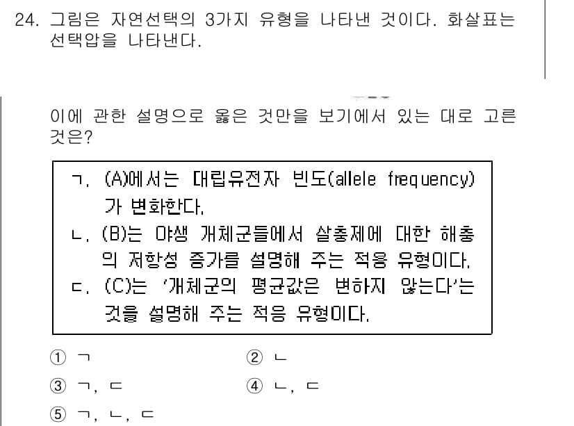 변리사_1차(3교시) 2017년 25번 - (A)는 대립유전자가 빈도(frequency)가 변한다는 설명으로, 자연... 에 관한 핵심 기출문제
