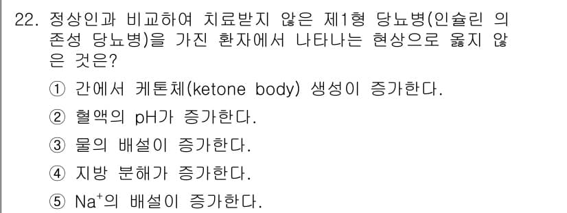 변리사_1차(3교시) 2018년 22번 - 정상인과 비교했을 때 제2형 당뇨병 환자는 인슐린 분비가 감소하고 상대적... 에 관한 핵심 기출문제