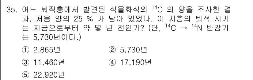 변리사_1차(3교시) 2019년 35번 - 이 문제는 방사성 동위원소의 붕괴 시간을 계산하는 것을 요구합니다. \(... 에 관한 핵심 기출문제