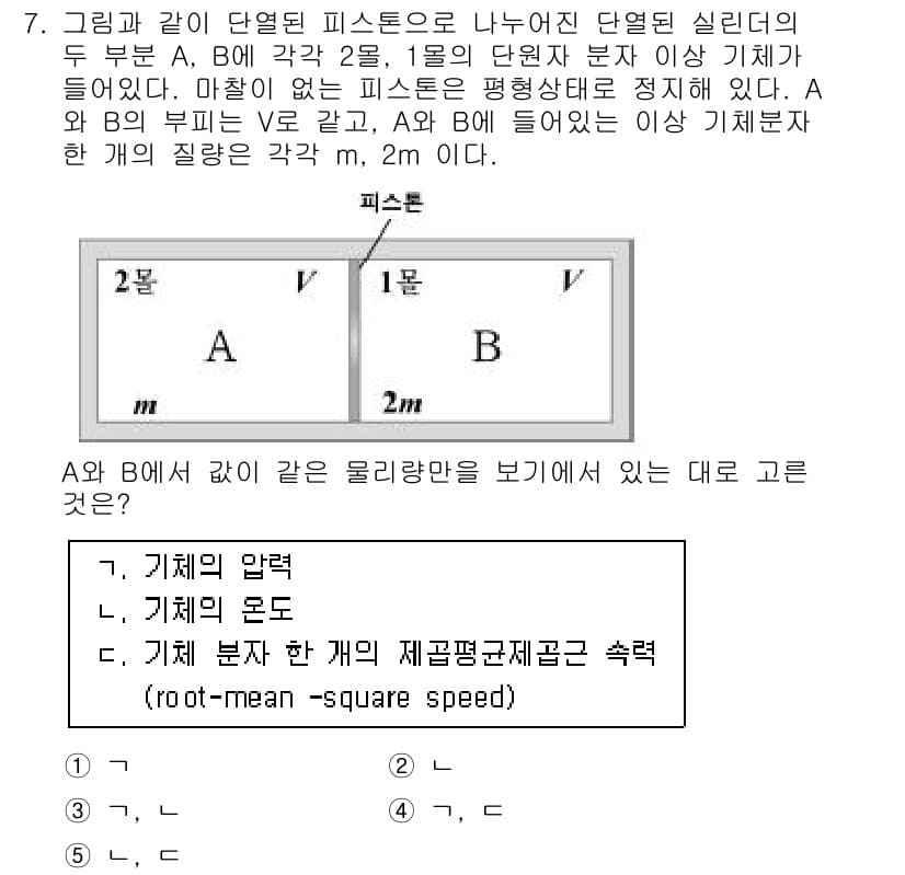 변리사_1차(3교시) 2019년 7번 - A와 B의 피스톤의 면적과 압력을 고려할 때, 기체의 압력은 피스톤 면적... 에 관한 핵심 기출문제