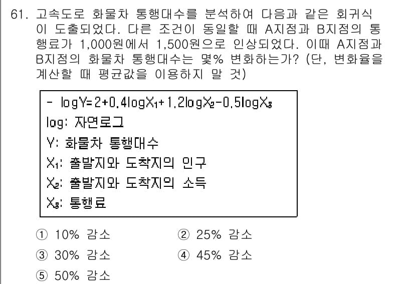 물류관리사_1교시 2015년 61번 - 문제에서 물류의 효율성을 높이기 위해 화물차 통행대수를 분석하고 있습니다... 에 관한 핵심 기출문제