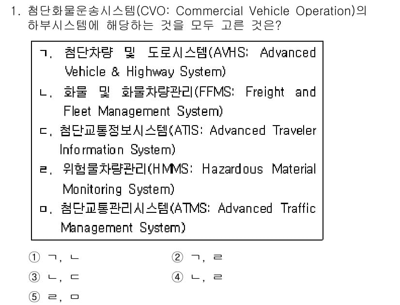 물류관리사_1교시 2016년 1번 - 정답 4번은 CVO의 하부 시스템인 FFMS, AVHS, ATMS가 물류... 에 관한 핵심 기출문제