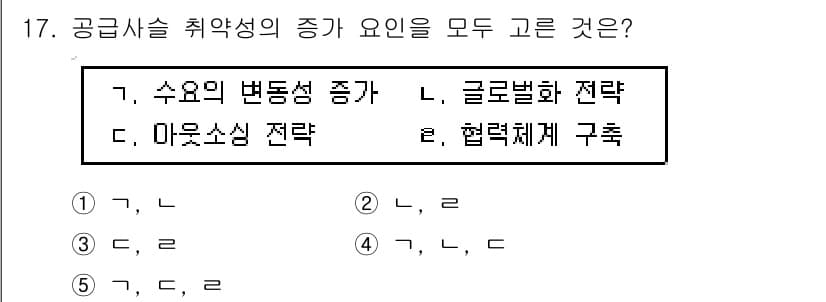 물류관리사_1교시 2018년 17번 - . 수요의 변동성 증가, 마우트소스 전략, 협력체계 구축은 모두 공급사슬... 에 관한 핵심 기출문제