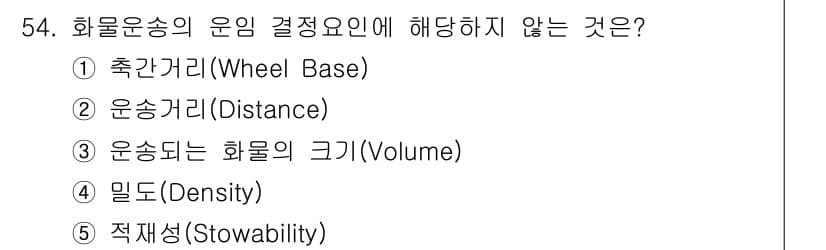 물류관리사_1교시 2018년 54번 - . 화물운송의 운임 결정 요인은 주로 거리, 화물의 크기, 밀도, 적재성... 에 관한 핵심 기출문제