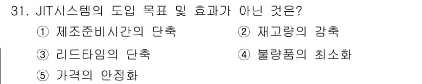 물류관리사_2교시 2019년 31번 - JIT(Just-In-Time) 시스템은 재고를 최소화하고 생산 효율성을... 에 관한 핵심 기출문제