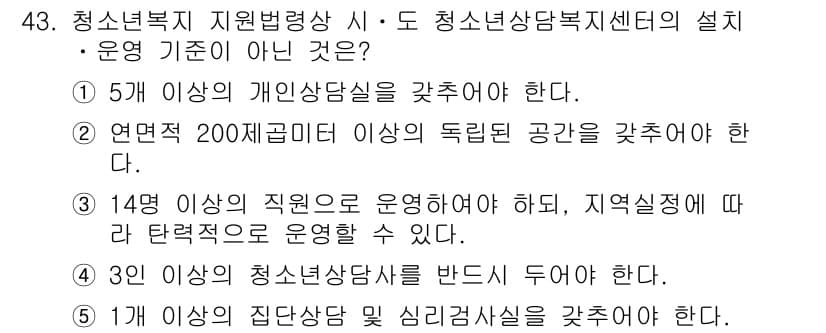 청소년상담사_1급(1교시)(구) 2015년 43번 - 청소년복지 지원법에 따르면 청소년상담복지센터는 청소년의 독립된 공간을 확... 에 관한 핵심 기출문제