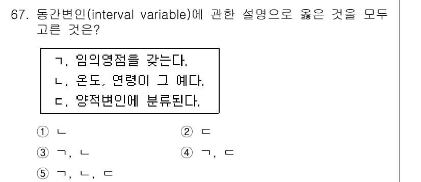청소년상담사_1급(1교시)(구) 2015년 67번 - . 

동간변인은 정량적 데이터로, 여러 값들 간의 간격이 일정한 특성을... 에 관한 핵심 기출문제