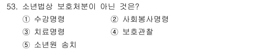 청소년상담사_1급(1교시) 2015년 53번 - 정답은 3번 '치료명령'입니다. 치료명령은 법원에서 범죄자에게 내려지는 ... 에 관한 핵심 기출문제