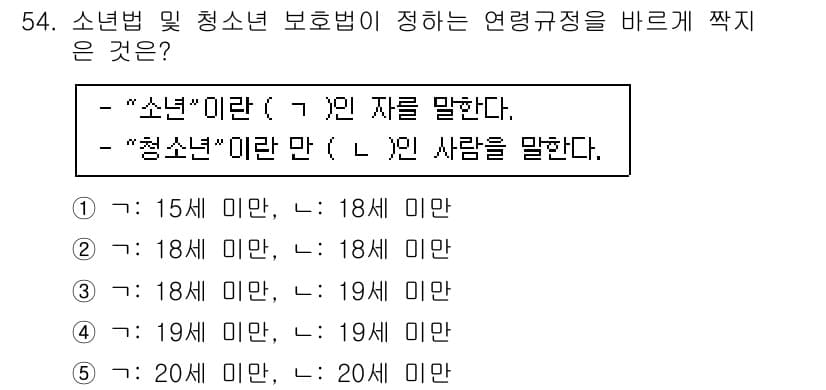 청소년상담사_1급(1교시) 2015년 54번 - 정답은 4입니다. "청소년"은 만 9세 이상부터 만 24세 미만의 사람을... 에 관한 핵심 기출문제