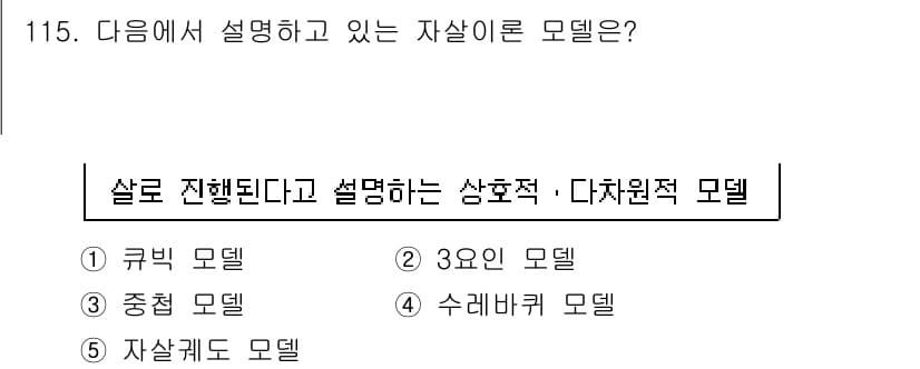 청소년상담사_1급(2교시)(구) 2015년 115번 - 정답은 5번 "자살도 모델"입니다. 이는 청소년 상담에서 자살 예방과 관... 에 관한 핵심 기출문제