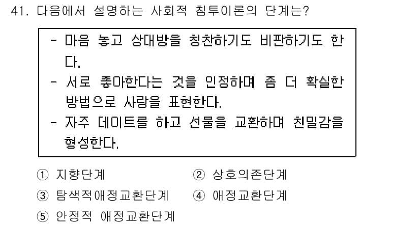 청소년상담사_1급(2교시)(구) 2015년 41번 - 사회적 침투이론의 단계는 내담자가 자신의 감정이나 욕구를 표현하는 과정을... 에 관한 핵심 기출문제