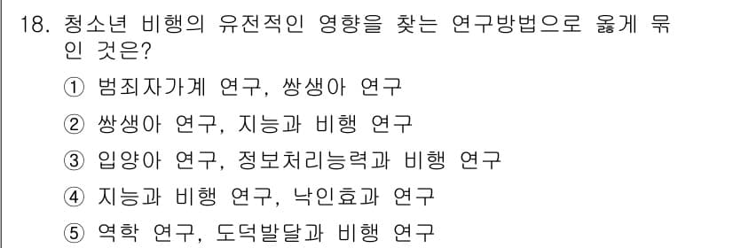 청소년상담사_1급(2교시) 2015년 18번 - 청소년 비행의 유전적 영향을 연구하는 방법은 주로 생물학적 요인과 행동 ... 에 관한 핵심 기출문제
