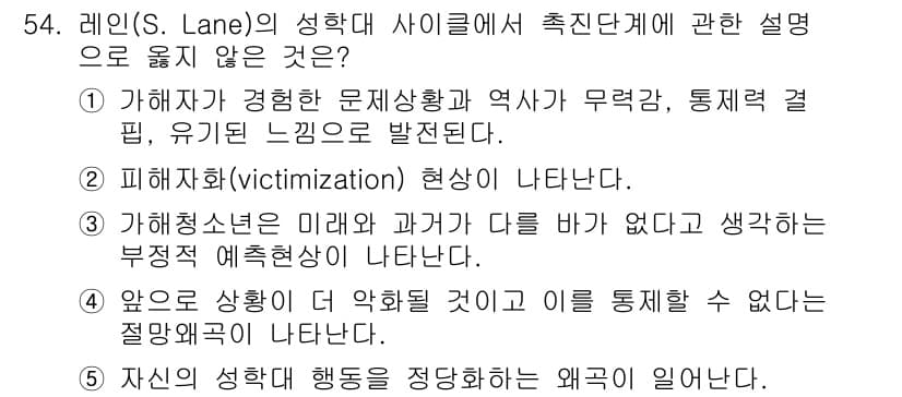 청소년상담사_1급(2교시) 2015년 54번 - 레인(S. Lane)의 성학대 사이클에서 '자신의 성적 행동을 조정하는 ... 에 관한 핵심 기출문제