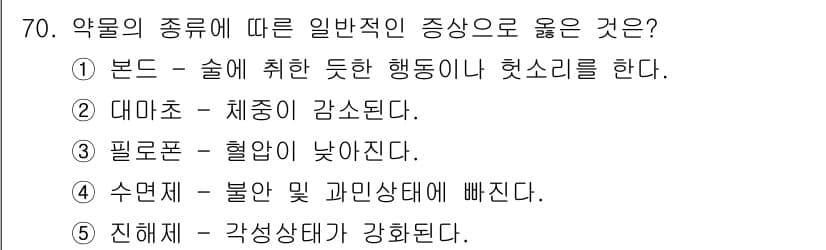 청소년상담사_1급(2교시) 2015년 70번 - 본드의 경우, 중추 신경계를 억제하여 활동 수치가 감소하고, 이는 보통 ... 에 관한 핵심 기출문제