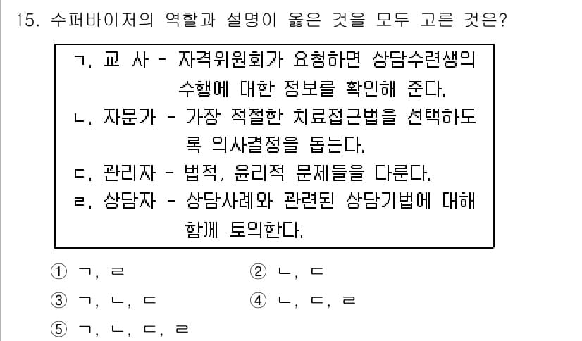 청소년상담사_1급(1교시)(구) 2016년 15번 - 정답 2는 자원가가 적절한 치료적 접근법을 선택하도록 의사결정을 돕는 역... 에 관한 핵심 기출문제
