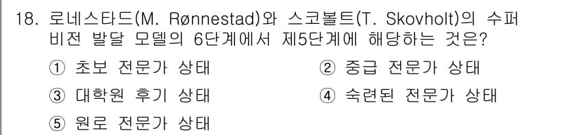 청소년상담사_1급(1교시)(구) 2016년 18번 - 로네스타드와 스코볼트의 수퍼비전 모델은 성숙한 전문성을 요구하는 단계로,... 에 관한 핵심 기출문제