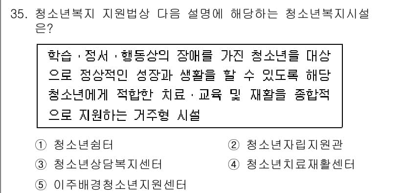 청소년상담사_1급(1교시) 2016년 35번 - . 청소년치료재활시설

청소년치료재활시설은 정신적, 행동상의 장애를 가진... 에 관한 핵심 기출문제