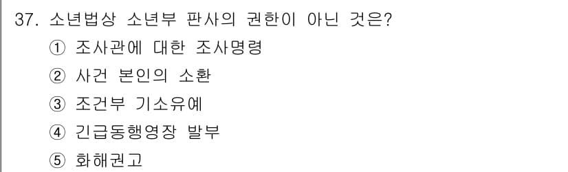 청소년상담사_1급(1교시)(구) 2017년 37번 - 정답은 3번 '조현부 기소유예'입니다. 소년법상 소년부 판사는 소년의 비... 에 관한 핵심 기출문제