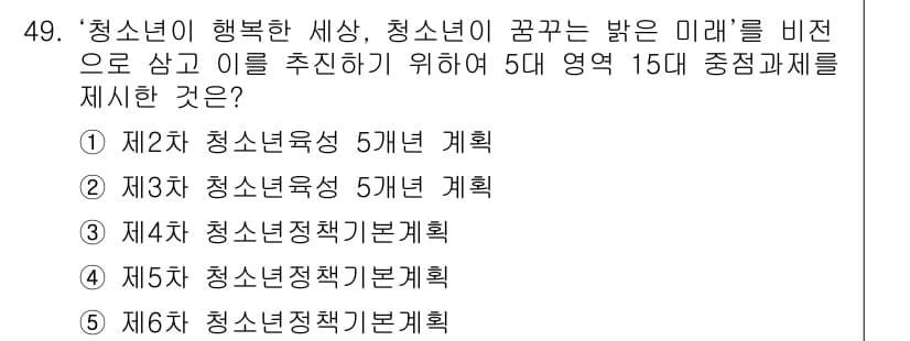 청소년상담사_1급(1교시)(구) 2017년 49번 - 정답인 4번은 청소년 정책의 기본 계획을 다루고 있어, 청소년의 행복한 ... 에 관한 핵심 기출문제
