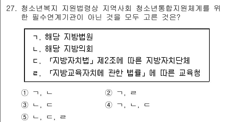 청소년상담사_1급(1교시) 2017년 27번 - 청소년복지 지원법상 지역사회 청소년 통합 지원 체계를 위한 필수 연계 기... 에 관한 핵심 기출문제