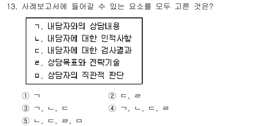 청소년상담사_1급(1교시)(구) 2018년 13번 - 정답인 4번 항목 '상담자의 직관적 판단'은 객관적인 데이터나 검증에 의... 에 관한 핵심 기출문제