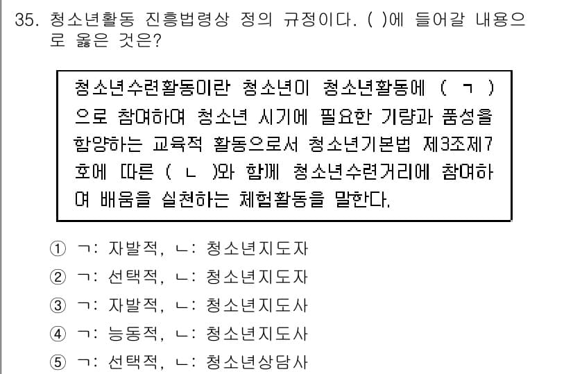 청소년상담사_1급(1교시)(구) 2018년 35번 - 청소년활동 진흥법상 정해진 청소년활동의 정의는 청소년이 참여하여 필요한 ... 에 관한 핵심 기출문제