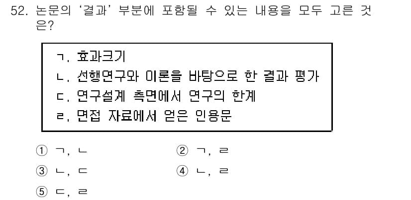 청소년상담사_1급(1교시)(구) 2018년 52번 - 문제에서 묻는 "결과" 부분은 연구의 결과를 제시하고 그 의미를 평가하는... 에 관한 핵심 기출문제