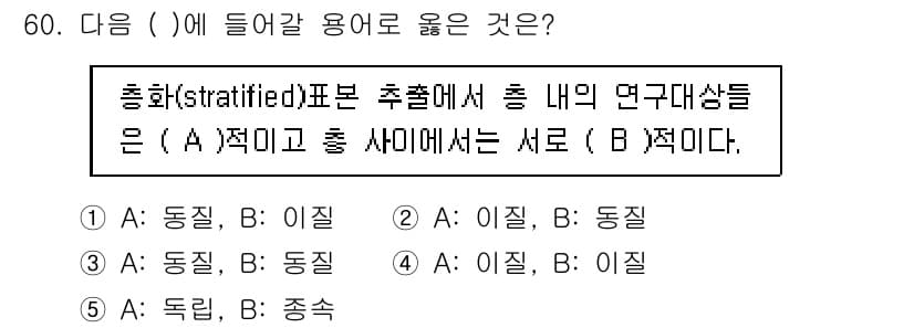 청소년상담사_1급(1교시)(구) 2019년 60번 - 번

해설: 총화(stratified) 표본은 전체 집단을 동질적인 하위... 에 관한 핵심 기출문제