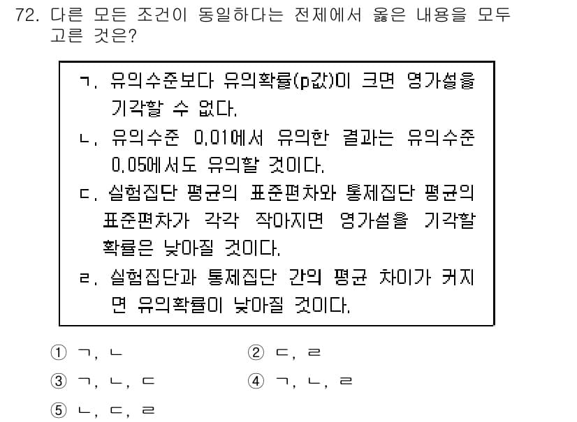 청소년상담사_1급(1교시)(구) 2019년 72번 - 주어진 조건에서 유의확률의 평균은 인구 통계적 표본편차에 따라 달라지지 ... 에 관한 핵심 기출문제