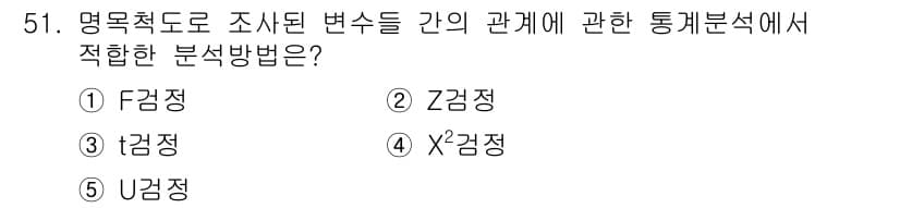 청소년상담사_1급(1교시) 2019년 51번 - . χ²검정  

χ²검정은 명목척도로 조사된 변수 간의 관계를 분석하는... 에 관한 핵심 기출문제