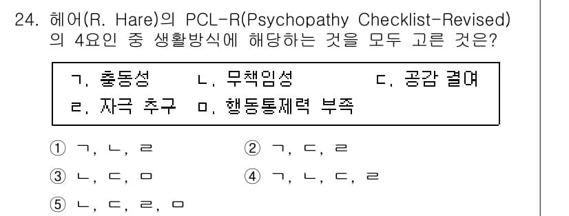 청소년상담사_1급(2교시)(구) 2016년 24번 - 해어의 PCL-R에서 제시하는 4요인은 충동성, 무책임성, 자극 추구, ... 에 관한 핵심 기출문제