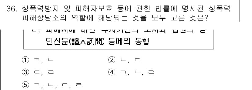 청소년상담사_1급(2교시)(구) 2016년 36번 - 정답 4번은 성폭력과 관련된 법률에서 피해자의 권리와 상담사 역할을 명시... 에 관한 핵심 기출문제
