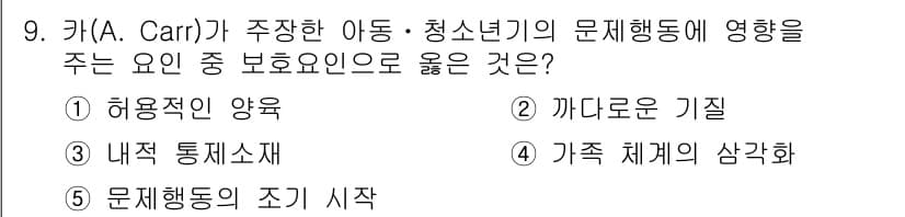 청소년상담사_1급(2교시)(구) 2016년 9번 - . 내적 통제소재

내적 통제소재는 청소년이 자신의 행동에 대한 책임감을... 에 관한 핵심 기출문제